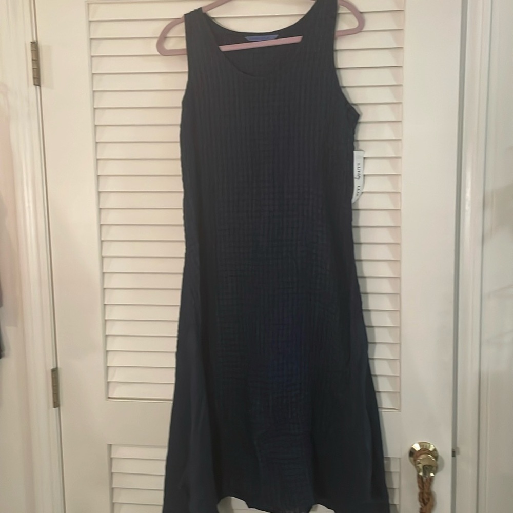 Luna Luz Navy Blue Checked Asymmetrical Sleeveless Linen Dress Size S